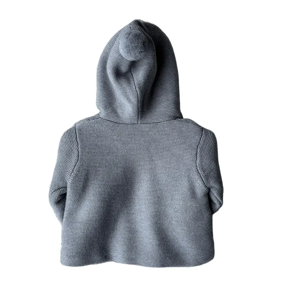 Jacadi Paris NWT Heather Gray Baby Knitted Burnous Jacket Pom Pom Hood 6 months